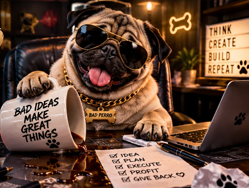 A mischievous pug wearing sunglasses in a dark creative studio, with a spilled coffee mug and playful office chaos